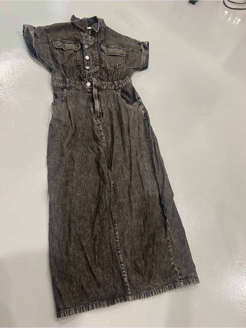 Washed Black Denim Maxi Dress with Button Front and Cinched Waist